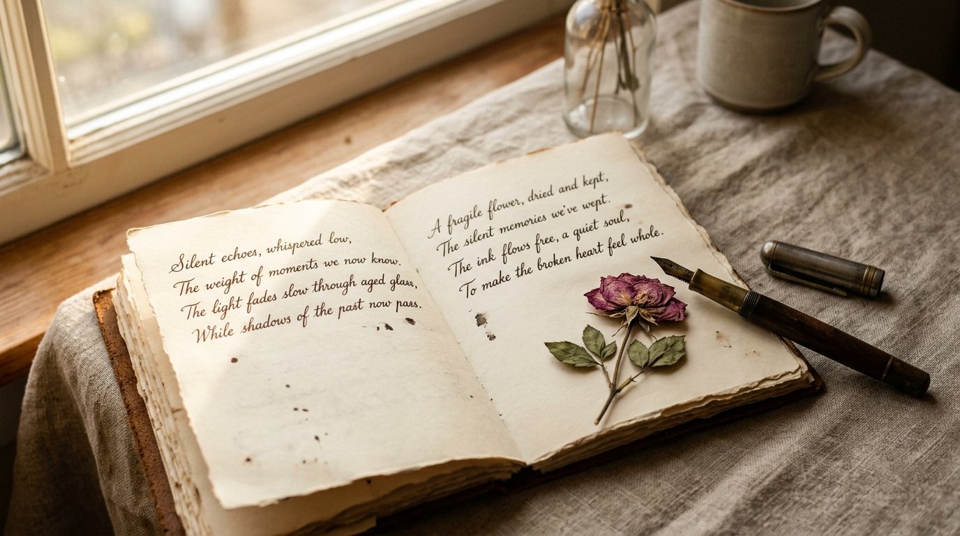Open poetry journal with handwritten verses