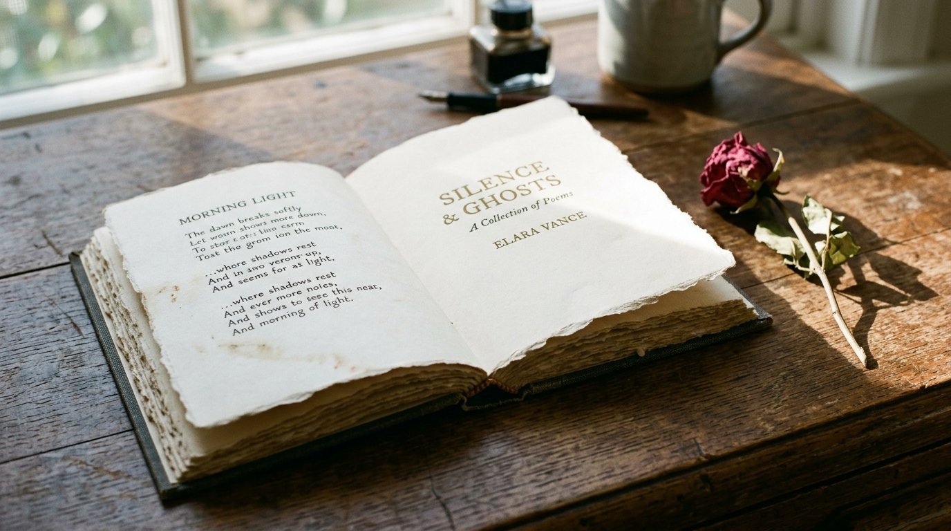 Open poetry collection on wooden writing desk