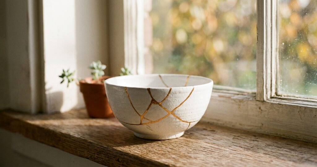 Broken white ceramic bowl repaired with golden Kintsugi lines.